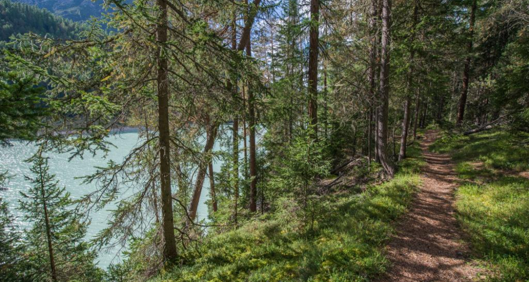 Der Weg nach Margun Grimmels führt vorbei am türkis schimmernden Wasser des Ausgleichsbeckens Ova Spin.