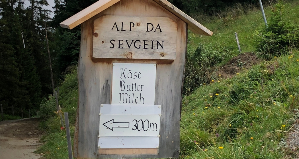 Abzweigung zur Alp da Sevgein bei Punkt 1786. Hier beginnt der trailige Teil der Strecke Abzweigung zur Alp da Sevgein bei Punkt 1786. Hier beginnt der trailige Teil der Strecke