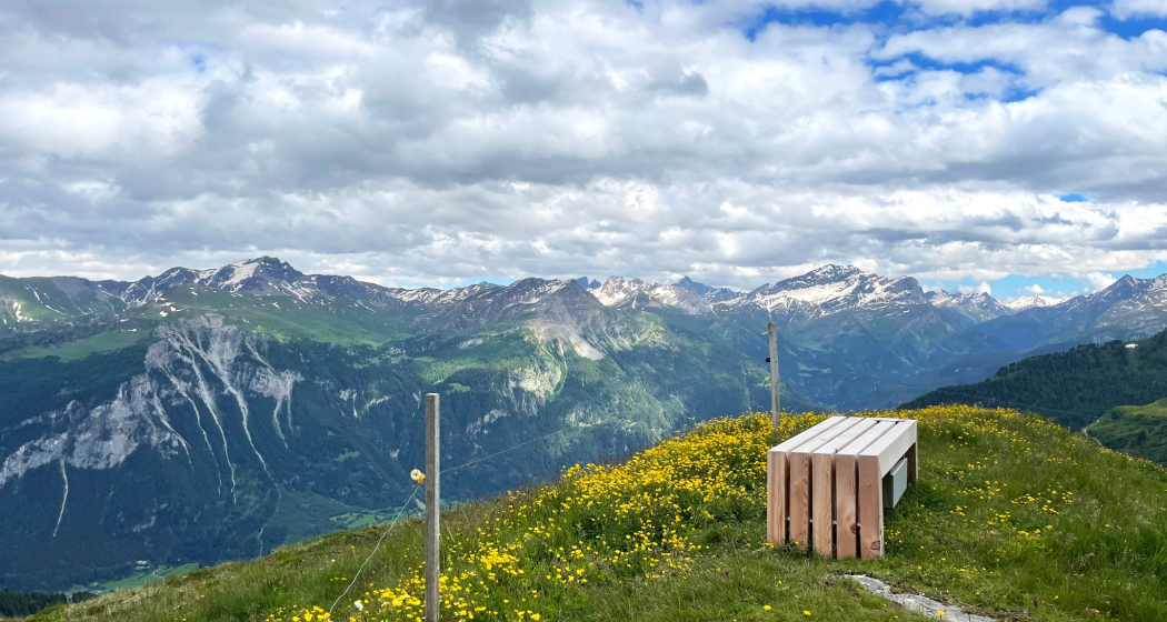 Bank entlang Panoramaweg Schamserberg bei der Alp digl obrist Bank entlang Panoramaweg Schamserberg bei der Alp digl obrist