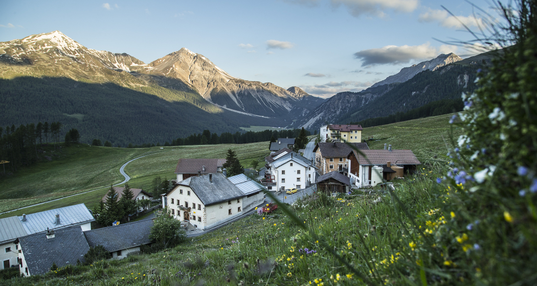 Die Route schlängelt sich auf der Sonnenterrasse Lü Richtung Tschierv Die Route schlängelt sich auf der Sonnenterrasse Lü Richtung Tschierv