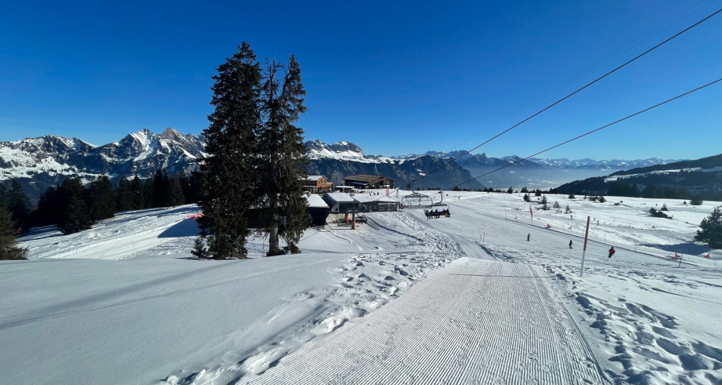 Winterwanderweg mit Blick auf Prodalp Winterwanderweg mit Blick auf Prodalp