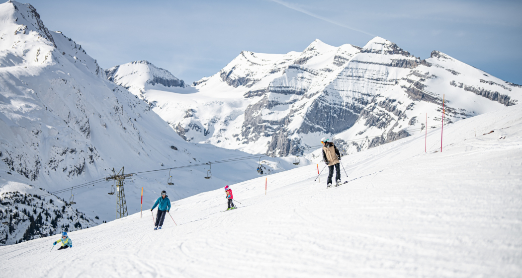 Das Bild zeigt 4 Menschen die mit den Skiern die Piste runter fahren