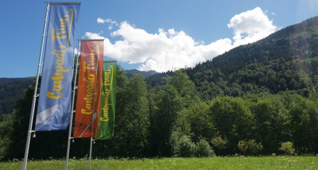 Das Foto zeigt den Eingang des Camping in Trun mit Banner Das Foto zeigt den Eingang des Camping in Trun mit Banner