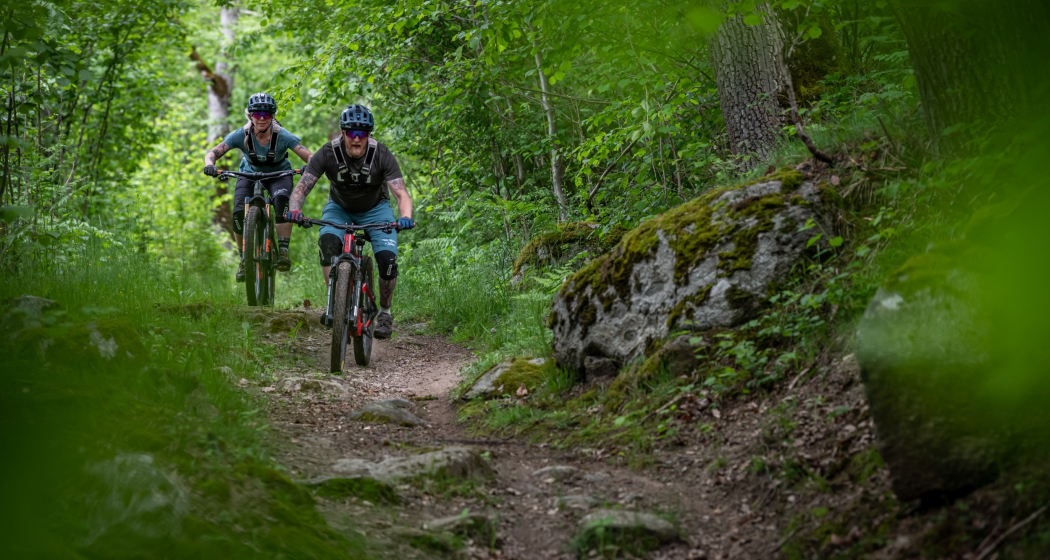 zwei Mountainbiker im Wald am runterfahren zwei Mountainbiker im Wald am runterfahren