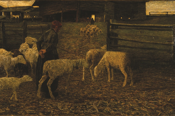 Ritorno all'ovile – Rückkehr zum Schafstall, 1888: (79,5×133 cm, Öl auf Leinwand, Segantini Museum St.Moritz, Depositum der Otto Fischbacher Giovanni Segantini Stiftung).