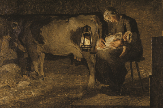 Le due madri – Die beiden Mütter, 1889: gewann 1896 die goldene Staatsmedaille der Vereinigung bildender Künstler «Osterreichs» (162,5 × 301 cm, Öl auf Leinwand, Gallerdia d'Arte Moderna, Mailand).