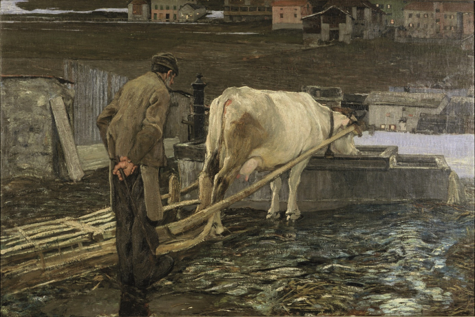 Allo sciogliersi delle nevi – Bei der Schneeschmelze, 1888: (66 × 98 cm, Öl auf Leinwand, Segantini Museum St.Moritz, Depositum der Otto Fischbacher Giovanni Segantini Stiftung).