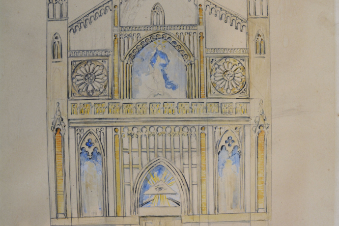 Skizze Fassadengestaltung Kirche Nossadonna, 1989: (49,8 × 39,6 cm, Tusche, Bleistift, Aquarell und Tinte auf Karton, Gemeinde Surses).