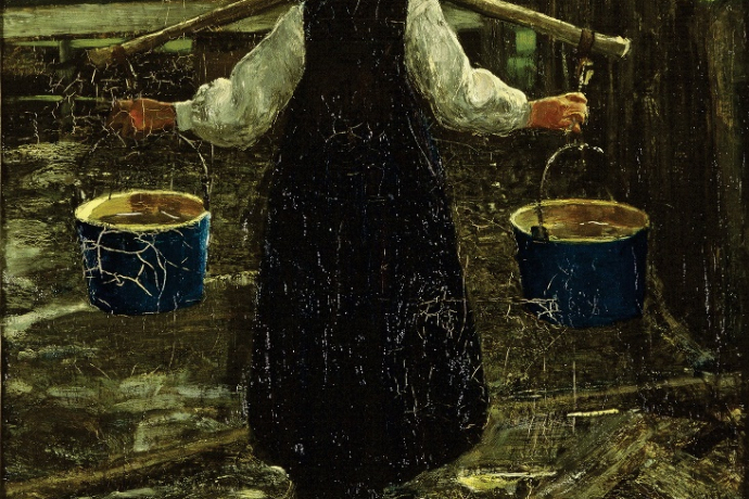 La portatrice d'acqua – Die Wasserträgerin, 1886/87: (74×45,5 cm, Öl auf Leinwand, Segantini Museum St.Moritz, Depositum der Gottfried Keller-Stiftung).