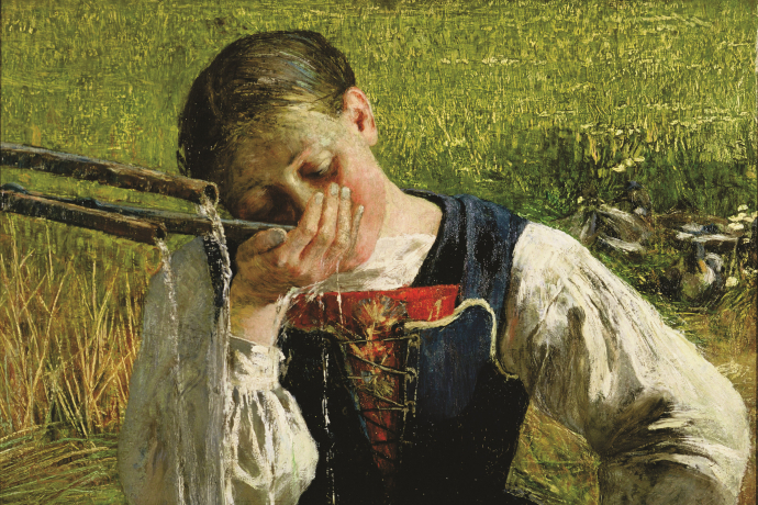 Costume grigionese – Bündnerin am Brunnen, 1887: (54 × 79 cm, Öl auf Leinwand, Segantini Museum St. Moritz, Depositum der Otto Fischbacher Giovanni Segantini Stiftung).