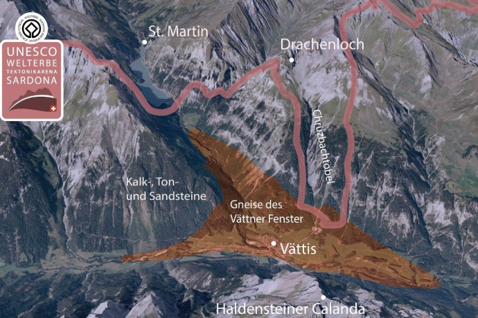 La fenêtre Vättner (orange) et le site du patrimoine mondial de Sardona (bourgogne)