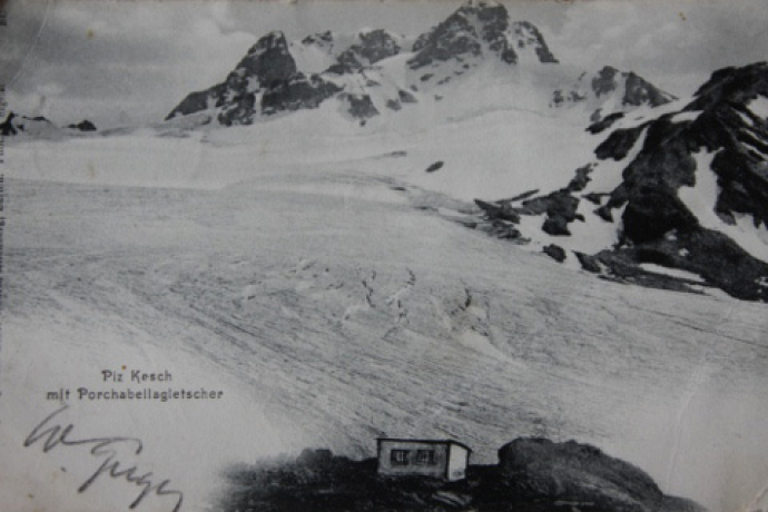 Il ghiacciaio di Porchabella e il rifugio Kesch intorno al 1900.